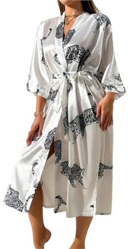 LIZHAYG Peignoir Satin Femme Robe Longue en Satin for Femme, vêtement de Maison Sexy, Kimono léopard, Peignoir, Printemps-été, vêtements de Nuit décontractés(White Leopard)