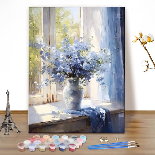 MEIYUDA Pintar por Numeros Adultos Flores en un jarrón, DIY Painting by Numbers Kits Cuadros por Numeros, Pintura de Bricolaje Sobre Lienzo con Pinceles Decoración para el Hogar 40x50cm(sin marco)