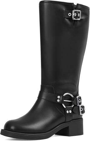 AMINUGAL Black Wide Calf Knee High Boots for Women Moto Buckle Size 9