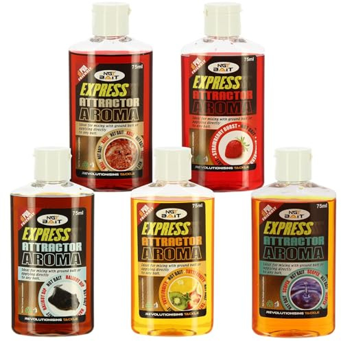 NGT Express Attractor Liquid Aroma Fishing Bait Set, 5 x 75ml Mixed Flavours, PVA Compatible Carp Bait Glug