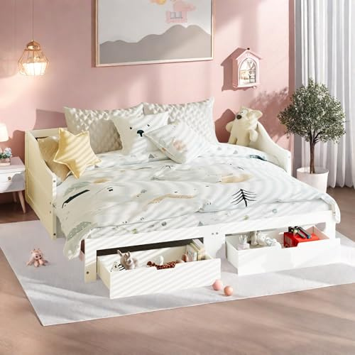 KRYZOR Barnsäng, klädsel, 90/180 x 200 med 2 förvaringslådor, enkelsäng, dagsäng, utdragbar med LED-sänggavel och USB, utdragbar säng, bäddsoffa, ungdomssäng, med ribbotten, massivt trä, vit (a)