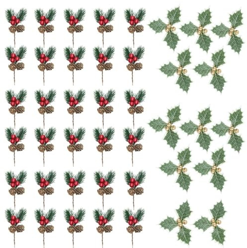 42 Pcs Artificial Red Berries Christmas Decorations, Pine Cone Red Berry and Holly Leaves with Gold Berries Set, Christmas Flowers Craft for DIY Decoration, Xmas Wreaths, Gift Wrapping Accessories