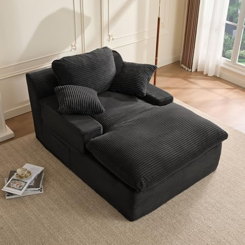 Litbird 160 cm Chaise Lounge Chair, Boneless Couch, Set of Sofabed Floor Lounge Sofa with Movable Pillows & Side Pockets, Cloud Couch with Armrests for Living Room, No Assembly Required, Black