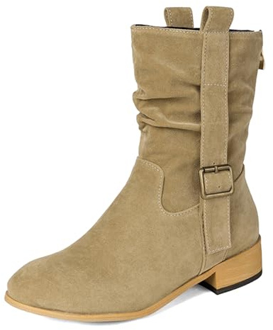 Gicoiz Mi-Mollet Equestrian Femme Chelsea Bottines Confort Extérieur Talons Bas Vintage Slouch Bottes D'Équitation Bout Rond Kaki Taille 34 EU