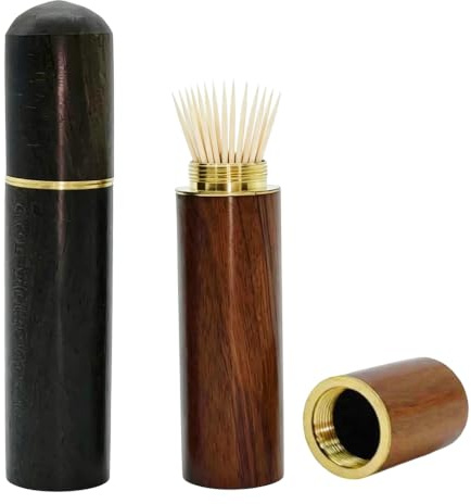 Elenviorina 2 Pack Wooden Toothpick Holder, Portable Travel Toothpick Case with Screw Cap, Small Pocket Tooth Pick Box for Outdoor, Car, Office & Home Storage（8.3x1.7cm）