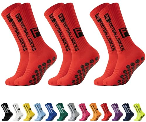 AYEUPZ Calze Calcio Antiscivolo Grip | Calze grip calcio - Pacco da 3 | Calzini da Football Uomo Donna | 75% Cotone, Traspiranti ed Elastici (Rosso)