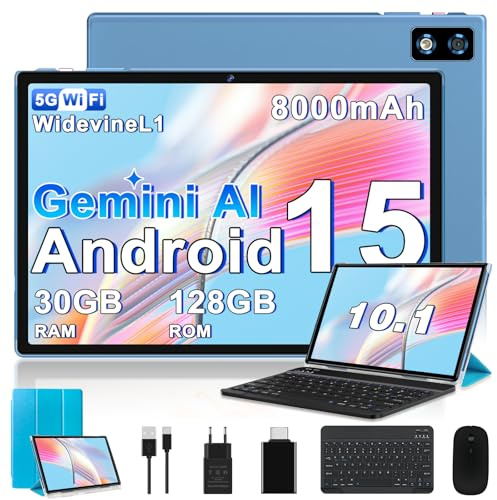 BIEGEDY 2026 Tablet 10 Pulgadas Android 15 con Gemini AI, 30GB RAM + 128GB ROM（TF 2TB）, Octa-Core 2.0GHZ, 8000mAh, GMS, Widevine L1, 5G WiFi 6 & BT 5.0, GPS, OTG, Tablet con Teclado y Raton-Azul