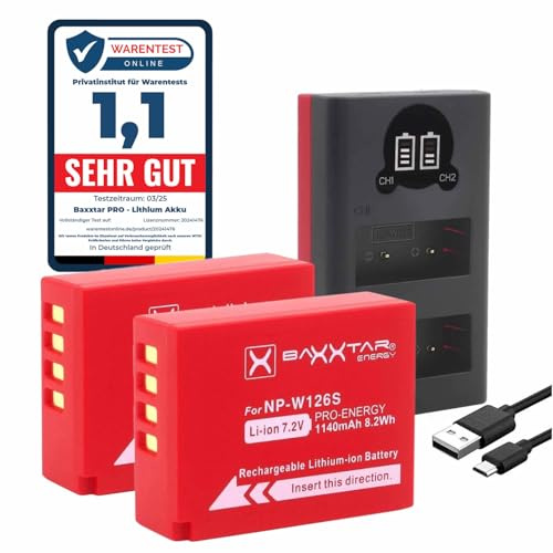 Baxxtar Pro NP-W126s NP-W126 Akku Pack - mit Mini Lader 18612 LCD DUAL (Eingang USB-C und MicroUSB) kompatibel mit Fuji Fujifilm X-M5 X100VI X-S10 X-T20 X-T30 II X-T5 X-T50 usw.