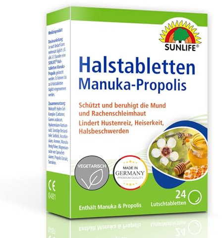 SUNLIFE Manuka-Propolis Halstabletten 1 x 24 Stück - Honig Propolis Tabletten - Halspastillen gegen Husten - Halsschmerzen Lutschtabletten - Lutschpastillen mit Manuka & Propolis