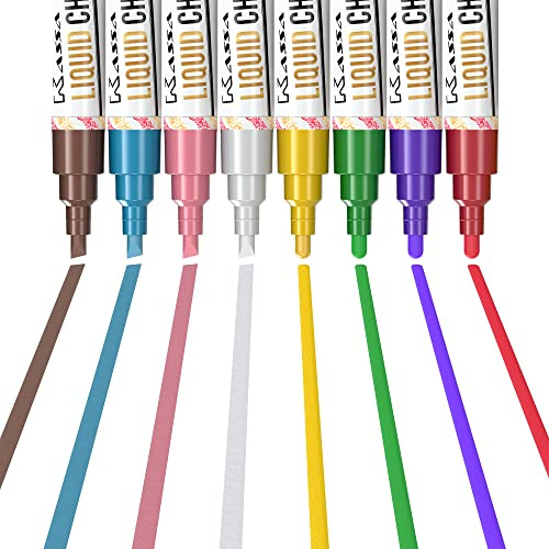 Kassa Liquid Chalk Markers (8 Pack) - Metallic Colours - Erasable Chalkboard Pens for Blackboard Glass Mirrors - Reversible Dual Tip