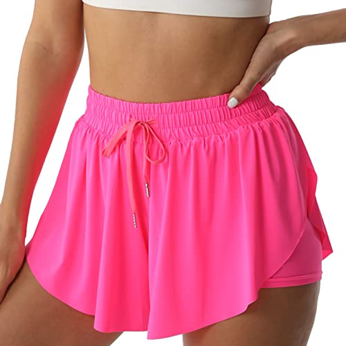 Flowy Athletic Short Confortable de Course, de Tennis, Style Papillon, Double Couche, séchage Rapide; pour Femmes, Rose Vif, Taille M