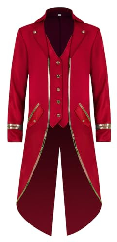 KGIHPC Men's Vintage Gothic Tailcoat Medieval Renaissance Steampunk Jacket Frock Coat Costume for Halloween (Red, M)