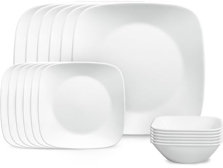 Corelle Vitrelle 18-Piece Service for 6 Square Dinnerware Set Triple Layer Glass and Chip Resistant, Lightweight Square Plates and Bowls Set, Pure White
