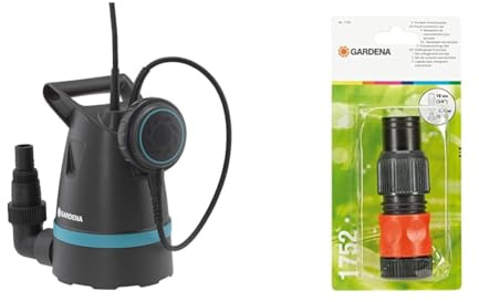 Gardena Pompe submersible eau claire 8600, Acier inoxydable, Noir, Bleu, jusqu'à 8.600 l/h & Set de Raccordement Grand Débit pour Pompes de Gardena : Raccord de Tuyau
