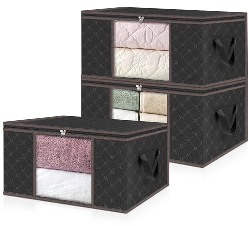 unycos - Cajas para Almacenaje de Ropa x 3【35L】 Bolsas Plegables con Ventana Transparente, Doble Cremallera y Asas Reforzadas, Organizador de Toallas, Edredones, Juguetes | Hasta 10 kg (Black/Coffee)