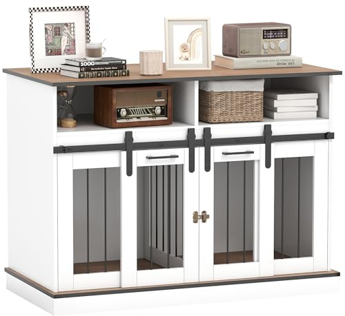 PawHut Dog Crate Furniture, Dog Cage End Side Table for 1 Large Dog or 2 Small Pets, with Movable Divider, Shelves, Sliding Doors, 120 x 60 x 88.5cm, White