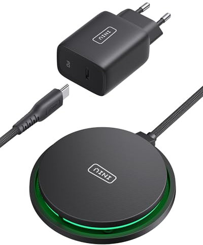 INIU Cargador Inalámbrico iPhone, 15W Certificado Qi2 Base Carga Rápida Magnética de Refrigeración, Mag-Safe Wireless Charger for iPhone 17 16 15 14 13 12 Pro Max AirPods 4 3 (con Adaptador USB C 20W)