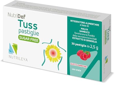 NutriDef Tuss Calm Sugar Free - 30 Pastiglie gusto Lampone - Sollievo per tosse secca e grassa - Con Grindelia, Malva e Sambuco - Senza zucchero e glutine