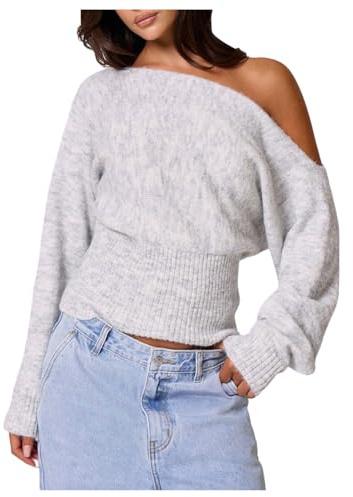 Milumia Women's Off The Shoulder Sweater Long Sleeve Cinched Waist Fall Knit Tops Knitwear Grey Small
