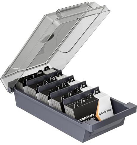 Uniclife Business Card Holder for Desk, Large Plastic Business Card Organizer Business Card Box with Lid, Dividers & A-Z Index Tabs, Desktop Index Card Holder, Name Card Storage Box, 500 Card Capacity