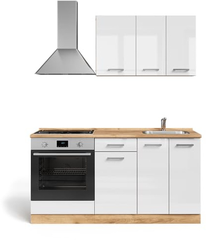 Vicco Singleküche R-Line, Weiß Hochglanz/Goldkraft Eiche, 160 cm mit Herdumbauschrank und Spüle mit AP