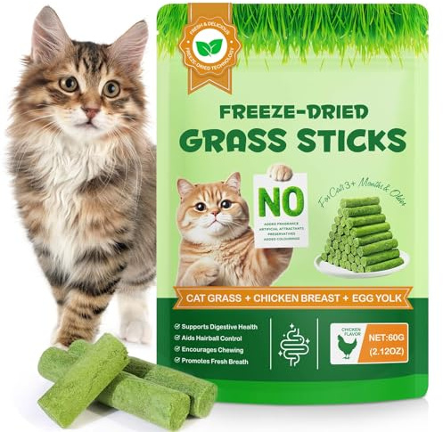 ACYAHAOCA Cat Grass Teething Stick 60g, Cat Grass Sticks, Cats Teeth Cleaning Grass Stick, Edible Freezed Drying Cat Grass Treats, Teeth Cleaning and Hairball Removal - Chicken Flavor