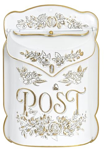 Vexiradine Wall Mount Mailbox for House Outside Vintage Metal Door Mailbox Antique Style Nostalgic Charm Home Decor Garden Vintage English Cottage Decor Flower Pattern(White)