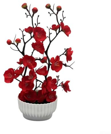Artificial Bonsai Tree Realistic Lifelike Leaves Long-Lasting Plastic Potted Plant Low Maintenance Decor Lightweight Portable for Home Office Living Room(Red)