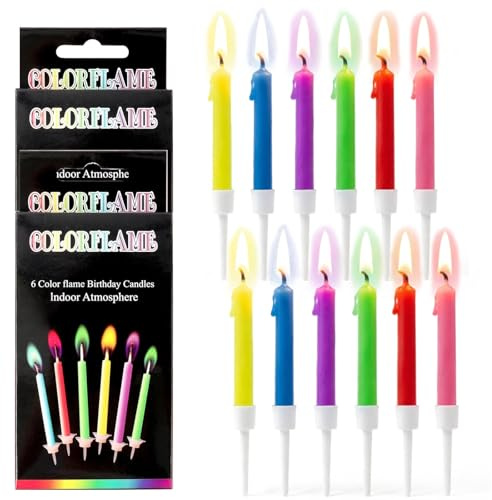 Partykerzen mit Bunter Flamme, 12Pcs Geburtstagskerzen mit Kunststoffsockel