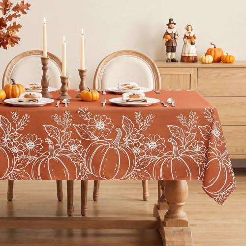 Softalker Autumn Table cloth Rectangular 140x200 cm Faux Linen Fall Tablecloths with Pumpkin Table Cover Washable for Harvest,Thanksgiving,Outdoor,Tabletop Dining Decoration, 78x55 inch, Burnt Orange