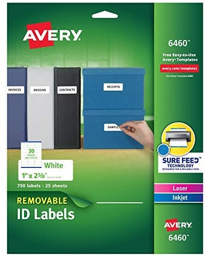 Avery Removable ID Labels, Sure Feed Technology, Removable Adhesive, 1 x 2-5/8, 750 Labels (6460)