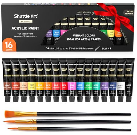 Shuttle Art Kit Pinturas Acrilicas 16 Tubos (12ml), Acrílico en Colores Ricos con 3 Pinceles, No Tóxicos, Ideales Pintura para Tela, Lienzo, Madera, Arcilla, Cerámica para Adultos y Niños