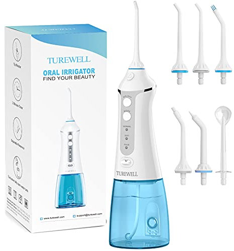 TUREWELL FC1591 Idropulsore Dentale Portatile 6 Ugelli e 3 Modalità, IPX7 Impermeabile, 300ML Irrigatore Dentale per La Casa e I Viaggi (Bianco)