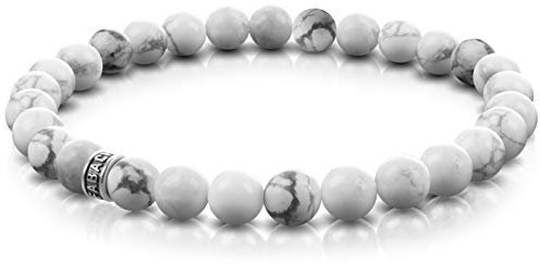 FABACH Howlith Perlenarmband mit 6mm Edelstein-Perlen und 925 Sterling Silber Logo-Perle - Edles Naturstein Stretch-Armband für Damen (Weiß)