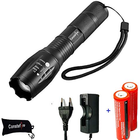 Constefire LED Linterna Recargable Alta Potencia (1200 lm, 5 Modos, Zoom, Resistente Al Agua) - Para Camping Con 2 Baterías 3000mAh 3.7V 18650
