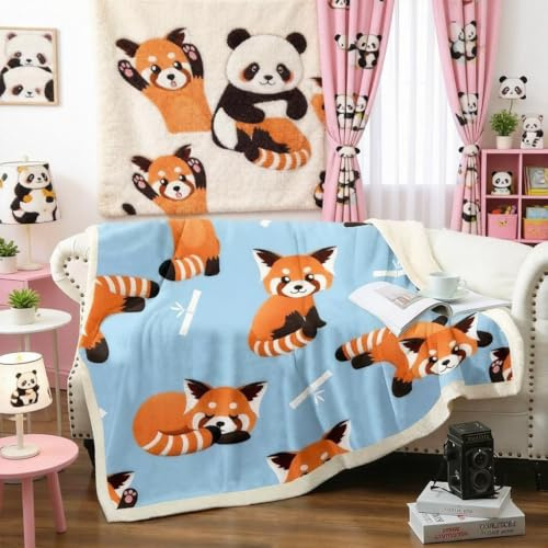 Red Panda Throw Blanket Cute Animal Pattern Blanket for Kids Boys Girls Cartoon Panda Printed Fleece Blankets Wildlife Style Plush Blankets Child Room Decor Fuzzy Blanket Single 50x60 Inch Blue
