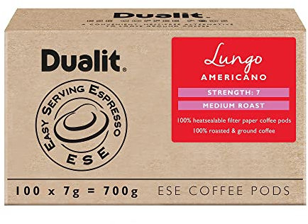 Dualit Lungo ESE Coffee Pods |100 Pack | 100 x 1 | 100 Servings of Premium Ground Caffeinated Coffee in Easy Serving Espresso Paper Pods | Lungo Medium Roast | 15145