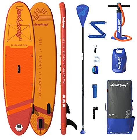 AQUAPLANET Aufblasbares Stand-Up Paddleboard Set - Allround Ten I 305 cm I Ideal für SUP Anfänger & Experten I Beinhaltet Finne, Paddel, Pumpe, Reparaturset, Rucksack, Leine, Trockensack, Trageriemen