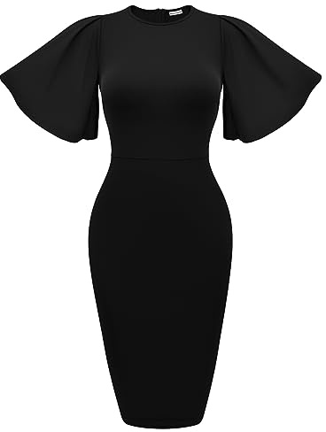 Memoriesea Women's Basic Bodycon Ruffle Flared Short Sleeve Pencil Midi Dress Black
