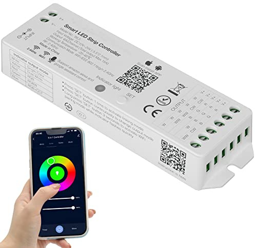 PAUTIX WiFi 5 in 1 LED Steuerung Dimmbar für monochrome CCT RGB RGBW RGBCCT LED Streifen Lichter Kompatibel mit Tuya APP/Smart Life/Alexa/Google Home/Siri,DC12-24V Lichtersteuerung (ohne Batterie)