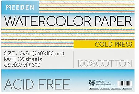 MEEDEN Blocco di carta dell'acquerello, 100% cotone Watercolor Paper Pad di 20 fogli, 140lb / 300gsm, carta di arte senza acidi per acquerello, guazzo e altro ancora, 26×18 cm stampa fredda