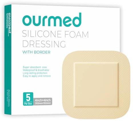 Ourmed Apósito de espuma de silicona con adhesivo de borde, altamente absorbente, impermeable, para el cuidado de heridas, úlcera diabética del pie, úlcera de piernas, 4 x 4 pulgadas, paquete de 5