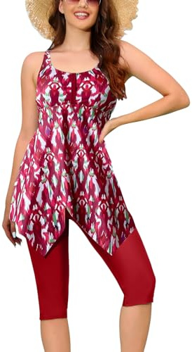 Ecupper Maillot de Bain Femme 2 Pieces Tankini Shorty Imprimé Rembourré Maillot avec Short de Garçon Rouge XXL