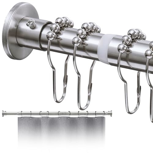 Duschstange 144-198cm, 25mm Durchmesser Duschvorhangstange Mit 12 Ringe, Edelstahl Teleskopstange für Badezimmer, Schränke, Kleiderschrank, Silber