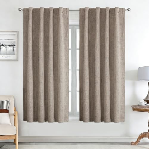 Joydeco 100% Rideau Occultant Lin 132x158 cm 2 Pièces, Double Rideaux Isolant Thermique Anti UV à Pattes Cachées et à Passe Tringle pour Décoration Chambre Salon et Protection d'Ameublement