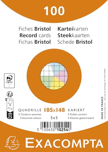 Exacompta - Ref. 10254E - Förpackning med 100 operforerade 5x5 kvadratiska indexkort - filmförpackade - kompatibla med bläckstråleskrivare, laser och kopiatorer - format 105x148mm - blandade färger