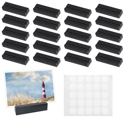 TESSTSY 20 Stück Schwarz Kartenhalter, 8x2.5x1.5 cm Kartenständer Holz, Menükartenhalter, Fotohalter mit Doppelseitigen Klebstoff, Postkartenhalter für Heim, Hochzeit, Party und Kaffeebar