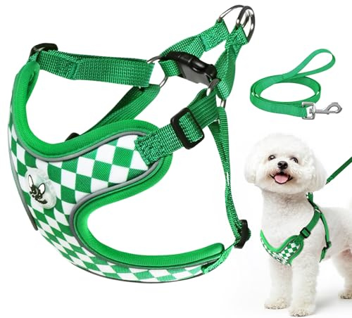 Cawjug Adjustable Dog Harness Small Dog, Soft Mesh Pink Dog Puppy Harness and Lead Sets, Not Pull Small Dog Harness with Reflective strip (Green, M Chest(50-62cm))