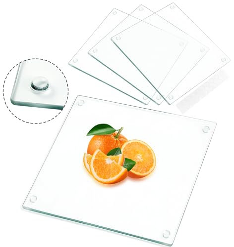 Nexboraque 4 Pack Tempered Glass Cutting Board with Anti-Slip Pads, 10 x10 x 0.15 Inch Square Clear Glass Tray Chopping Board for Kitchen Countertop, House Warming Gifts, Heat-Resistant, Non-friable