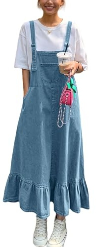 chouyatou Women's Y2K Cute Ruffle Denim Overall Jean Dress Distressed Flared Maxi long Bib Jumper Dress (Medium,Light Blue)